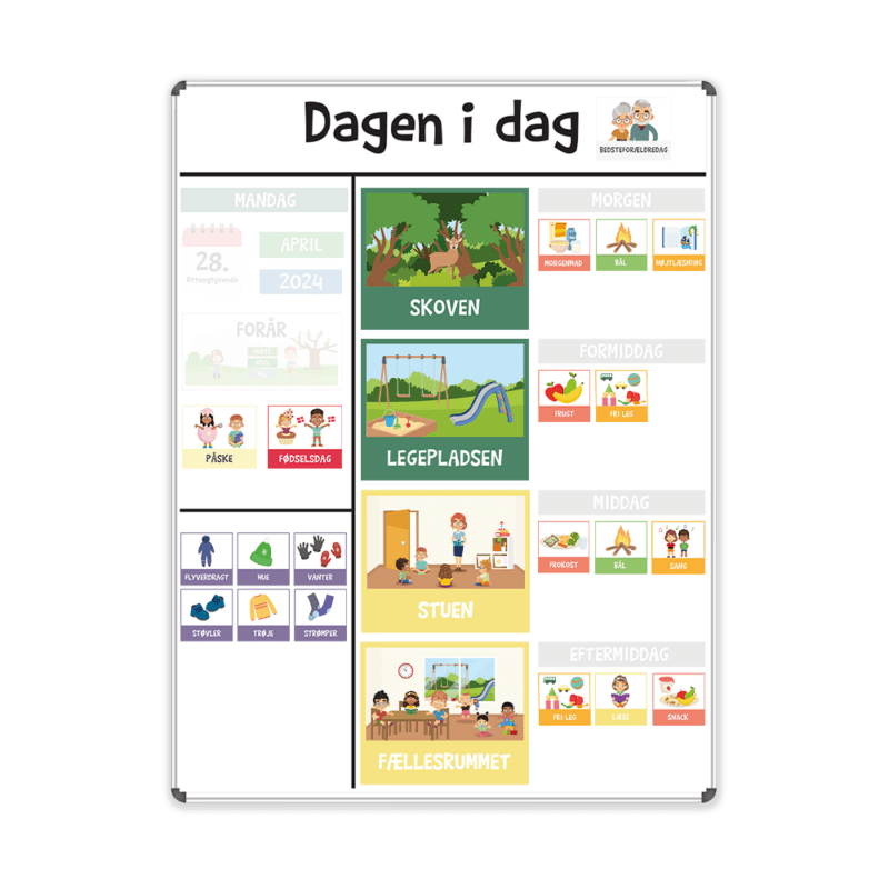 Strukturtavle til dagtilbud inkl. piktogrammagneter - Whiteboard 90x120 cm.